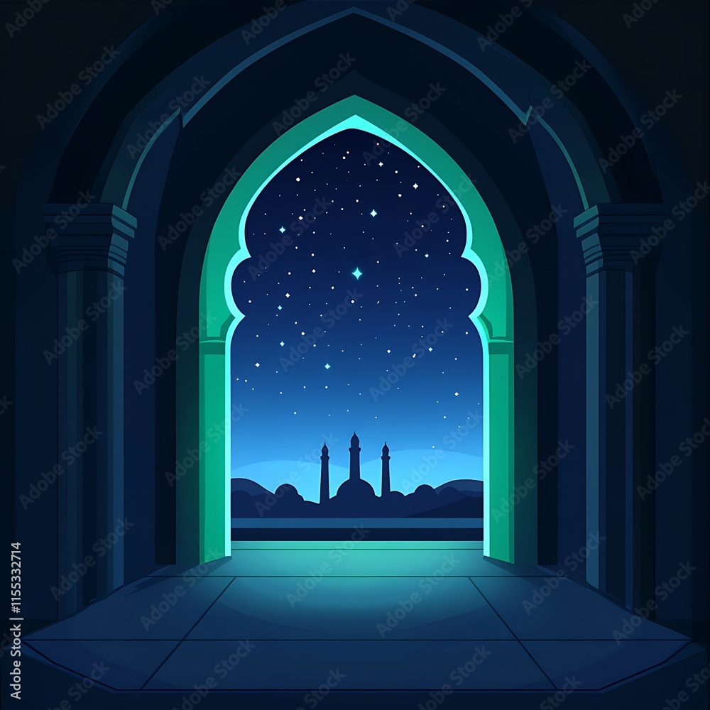 Fototapeta premium Mystical Archway Unveiling a Starry Night Mosque. A stylized, vibrant illustration of an ornate archway, revealing a mosque silhouetted against a breathtaking night sky filled 