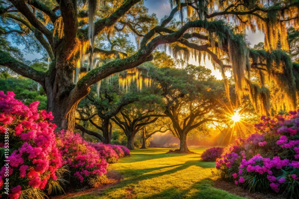 Naklejka premium South Carolina's Charleston: Live oaks frame vibrant azaleas, showcasing Southern elegance in captivating photography.
