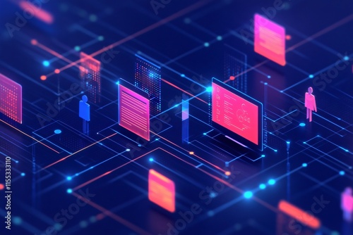 Digital transformation and innovation with seamless adoption, a diverse team collaborating in a smart workspace surrounded by AI-driven interfaces.