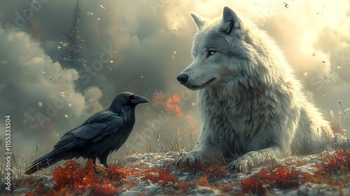 Enchanted woodland scene with a wolf and raven interacting beautiful wallpaper image