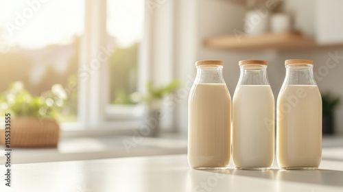 Glass milk bottles—dairy and plant-based varieties—arranged on white kitchen counter, natural sunlight highlighting translucent containers and varied liquid tones photo