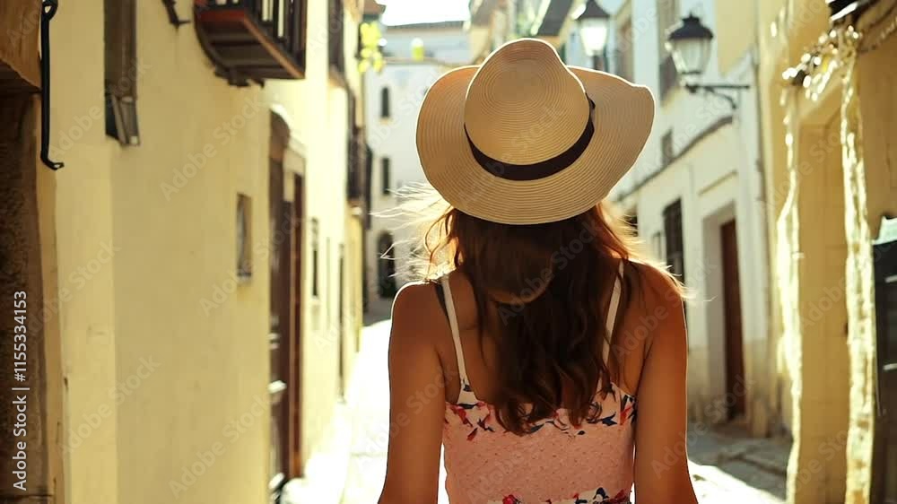 Backpacker young woman traveler walking on a street