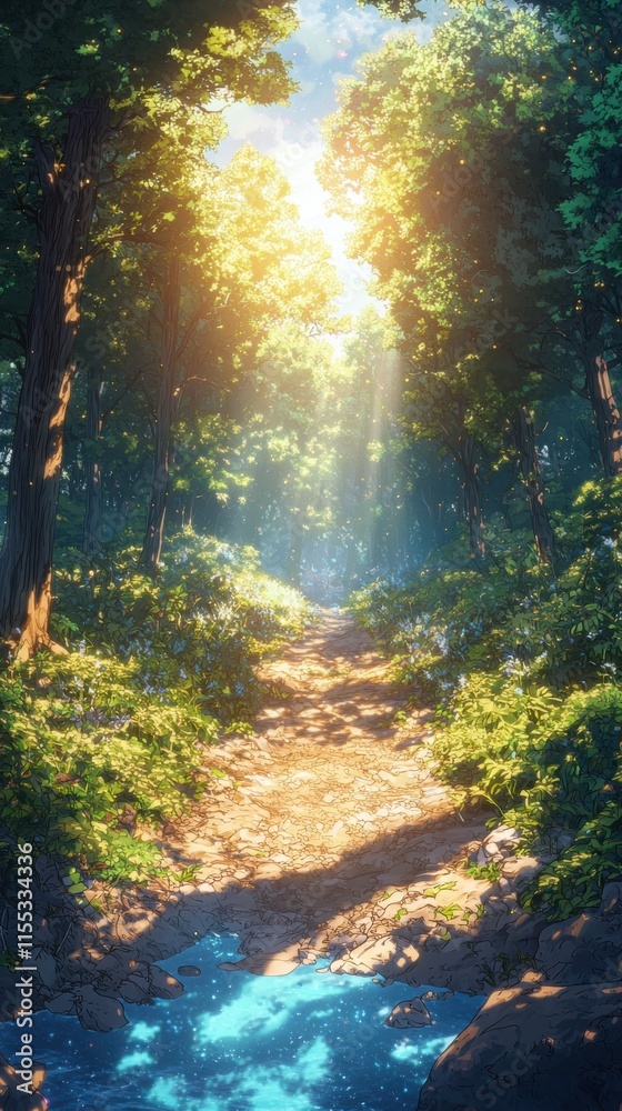Obraz premium Magical forest adventure enchanted woods digital art lush environment idyllic viewpoint vibrant color palette