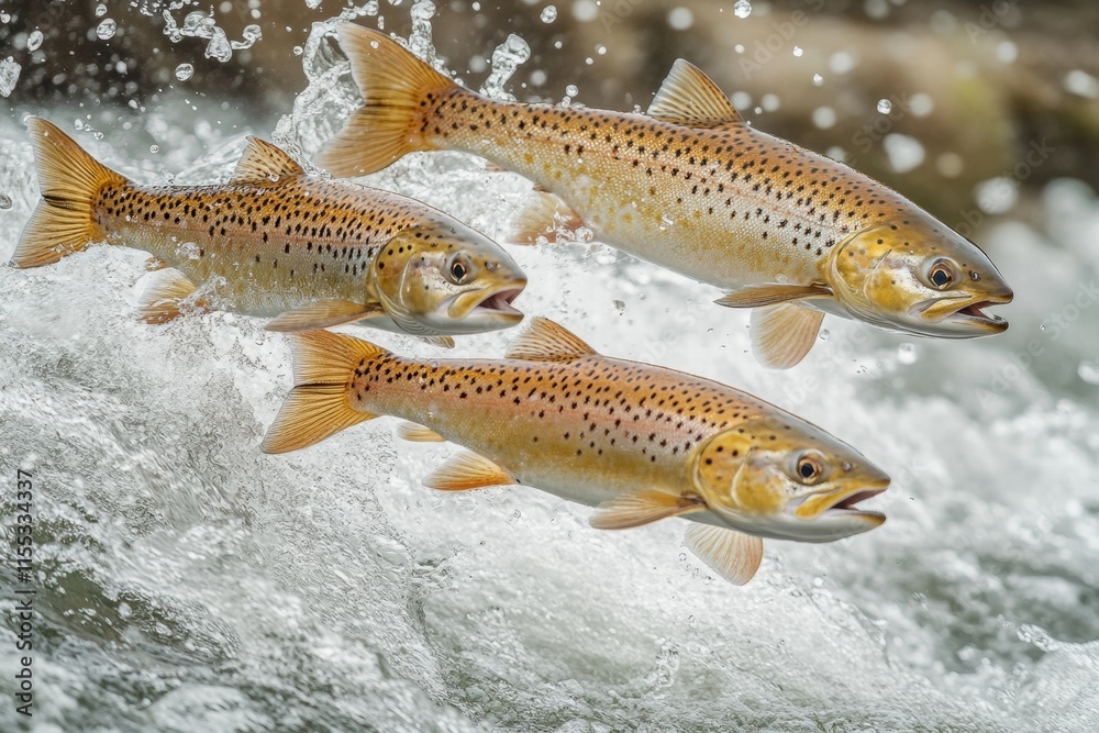 Naklejka premium Three Brown Trout Leaping in a River