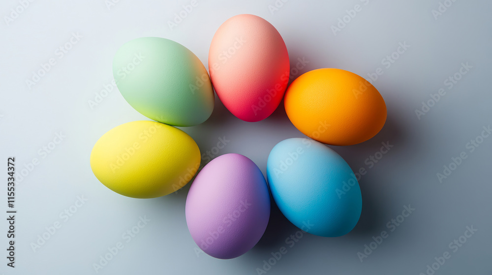 Easter eggs arranged in a circle on light gray-blue background, forming a colorful and festive composition