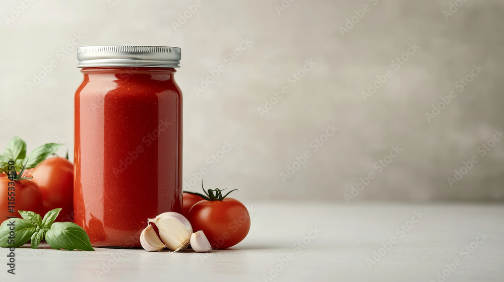 Rustic glass jar filled with smooth tomato puree, surrounded by ripe tomatoes, fragrant garlic, and fresh basil leaves on textured background Rustic glass jar filled with smooth tomato puree, surrounded by ripe tomatoes, fragrant garlic, and fresh basil leaves on textured background