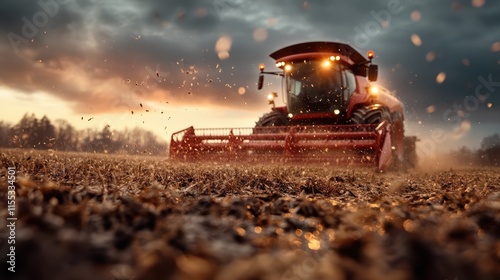 The image captures a powerful red combine harvester in action, cutting through a golden field with a dramatic evening sky in the background, symbolizing harvest time. photo