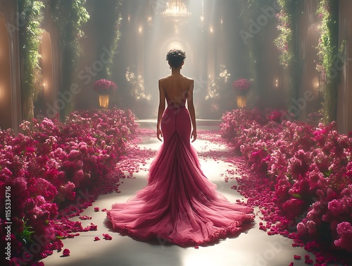 Woman in pink gown walking down rose petal aisle. photo