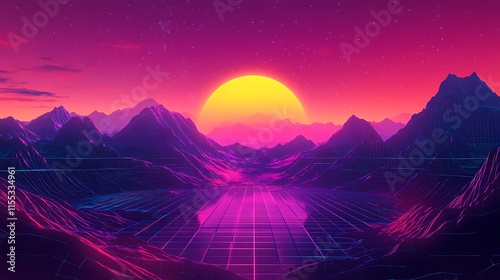 Vibrant Retro Sunset Digital Painting: Synthwave Mountainscape Illustration. AI Generated