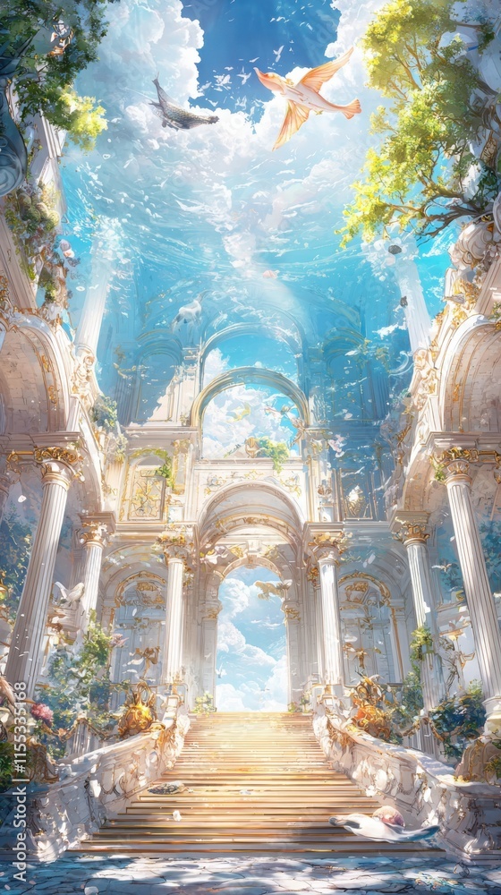 Fototapeta premium Underwater kingdom adventure ocean palace digital art vibrant environment fantasy concept