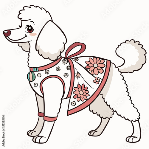 A charming illustration of a miniature poodle wearing a cute ornamental dress, showcasing its adorable features and stylish appearance.