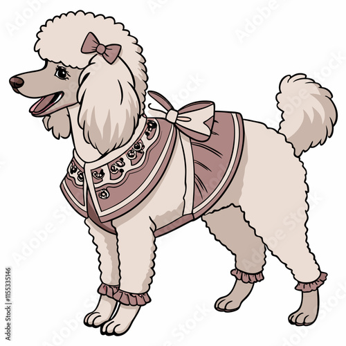 A charming illustration of a miniature poodle wearing a cute ornamental dress, showcasing its adorable features and stylish appearance.