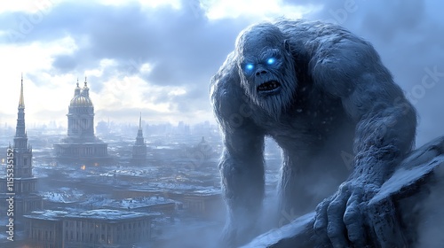 Yeti monster overlooking snowy city.