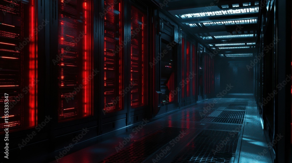 Fototapeta premium Futuristic Data Center Corridor with Glowing Red Lights and High-Tech Servers Creating a Sci-Fi Atmosphere for Technology and Innovation Themes