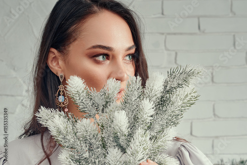 Close-Up Portrait with Frosted Branches. photo