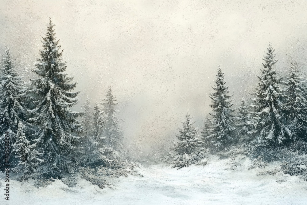 Naklejka premium Winter background. Merry Christmas and Happy New Year greeting card with copy space. Christmas landscape with snow and fir trees