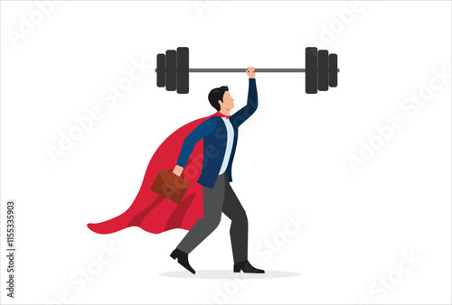Business Strengths, strong power to get job done and success, career challenge or winning skill with strong leadership concept, strong businessman hero show his strength by easy lifting heavy weight.