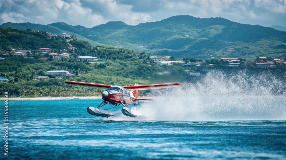 Fototapeta premium The Seaborne Airlines Twin Otter Seaplane taking off from the waters of St. Croix, creating a dynamic splash with the island's coastline behind
