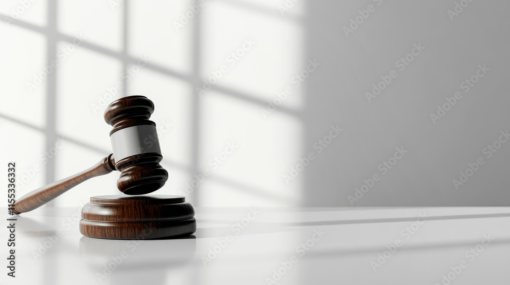 Wooden gavel resting on sound block on a white desk with window light casting shadows, representing law, justice, and legal decisions Wooden gavel resting on sound block on a white desk with window light casting shadows, representing law, justice, and legal decisions