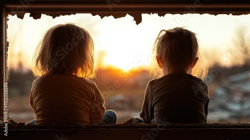 Two siblings sit in an urban decay setting, observing a stunning dusk, capturing a poignant contrast between the beauty of light and the shadows of decay. photo