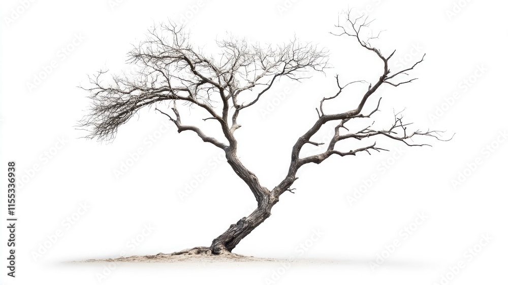 Obraz premium Lonely and gnarled dead tree with twisted branches isolated on white background symbolizing decay and resilience in nature