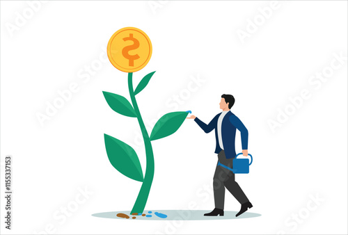 Financial or investment growth, increase earning profit and capital gain, success in wealth management concept, smart businessman investor finish watering growing money plant seedling with coin flower