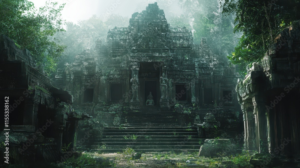 Obraz premium Ancient Stone Temple Entrance Surrounded by Lush Greenery