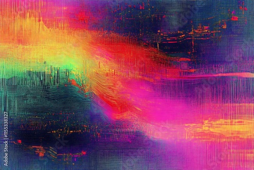 Digital motion glitch art, pixelated textured pattern, vibrant RGB colors
