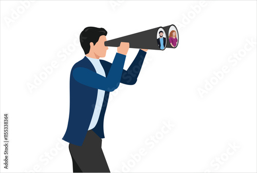Searching for candidate, HR Human Resources find people to fill in job vacancy, recruitment or finding career opportunity concept, businessman HR look through binoculars to find candidate people.