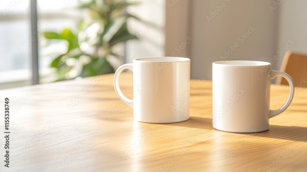 Sunlight illuminating two identical white mugs placed on a light wooden table in a modern and minimalist cafe Sunlight illuminating two identical white mugs placed on a light wooden table in a modern and minimalist cafe