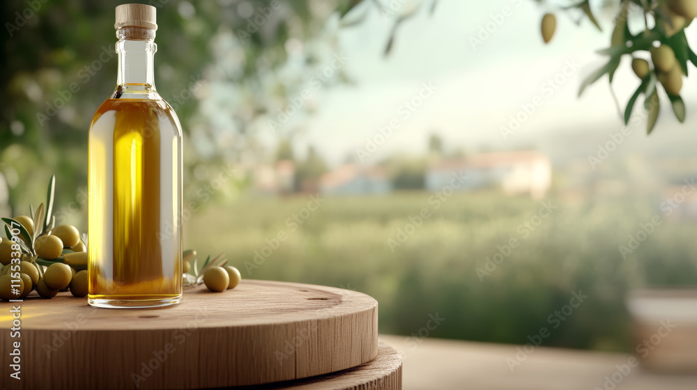 Obraz premium Olive oil bottle placed on a wooden table surrounded by olives in a picturesque orchard under soft sunlight