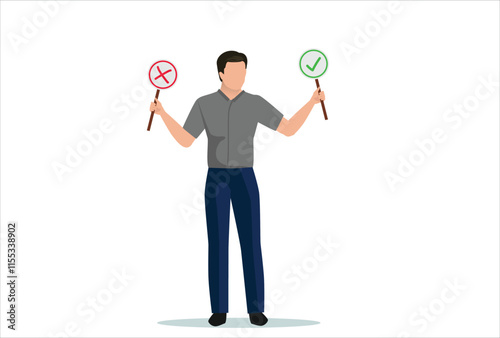 Business decision right or wrong, true or false, correct and incorrect, moral choosing option concept, thoughtful businessman holding right or wrong of left and right hand while making decision.