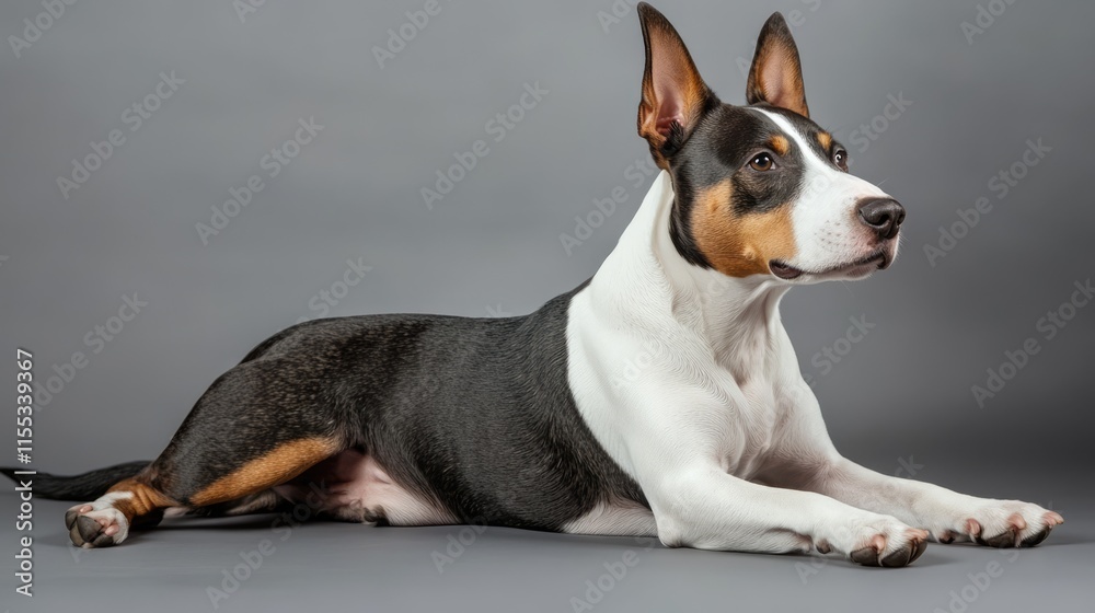 Terrier or Bull breed resting gracefully on a neutral grey background showcasing its unique features and elegant posture in studio setting Terrier or Bull breed resting gracefully on a neutral grey background showcasing its unique features and elegant posture in studio setting