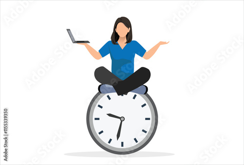 Flexible working hours, work life balance or focus and time management while working from home concept, young lady woman working with laptop while doing yoga or meditation on clock face.