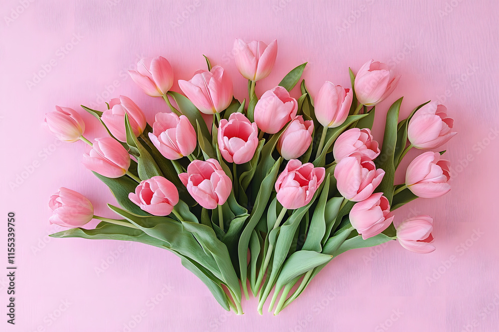 Obraz premium Beautiful composition spring flowers. Bouquet of pink tulips flowers on pastel pink background. Valentine's Day, Easter, Birthday, Happy Women's Day, Mother's Day. Flat lay, top view, copy space