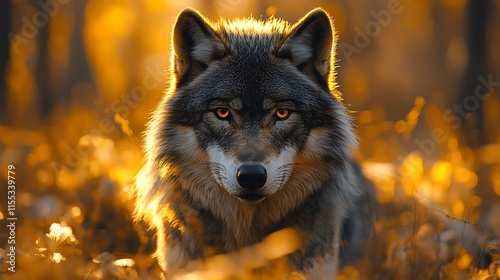 Majestic wolf in a sunlit forest surrounded by autumn colors wallpaper image photo