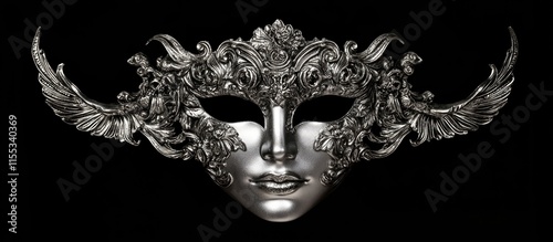 Elegant silver masquerade mask with intricate designs and feathers from the famous Venice Carnival against a black background. photo