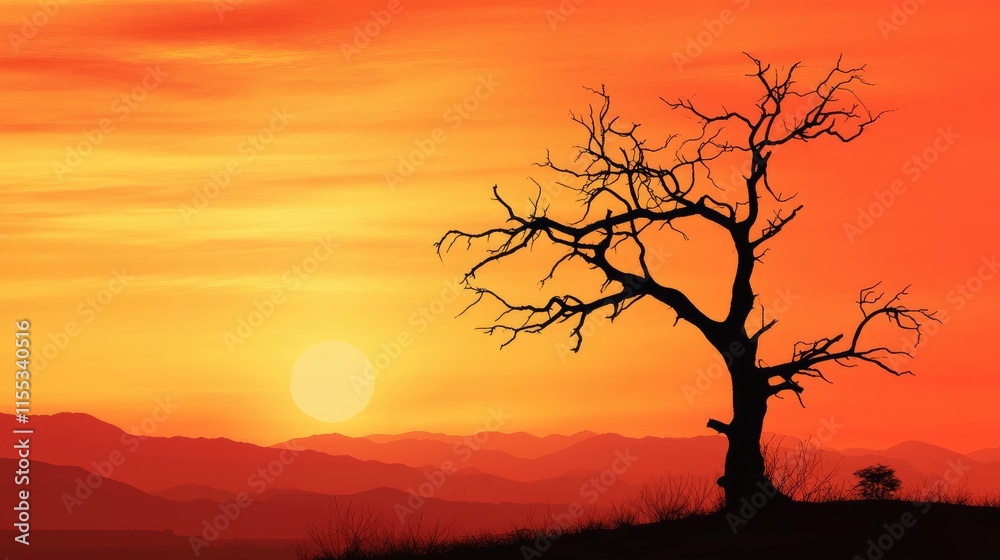 Naklejka premium Silhouette of a dead tree against a vibrant sunset sky over distant mountains creating a dramatic natural landscape scene.