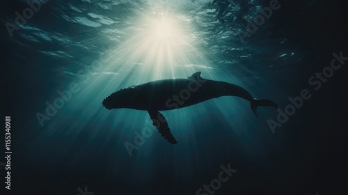 Humpback whale silhouette emerging from deep ocean waters with sun rays illuminating the serene underwater atmosphere photo