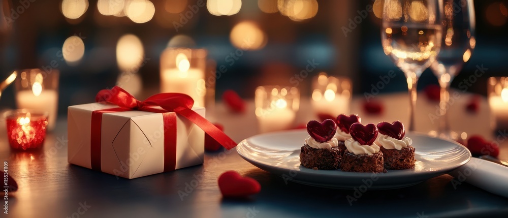 A romantic table setting featuring a dessert topped with hearts, a gift box, candles, and wine, creating an intimate atmosphere. A romantic table setting featuring a dessert topped with hearts, a gift box, candles, and wine, creating an intimate atmosphere.