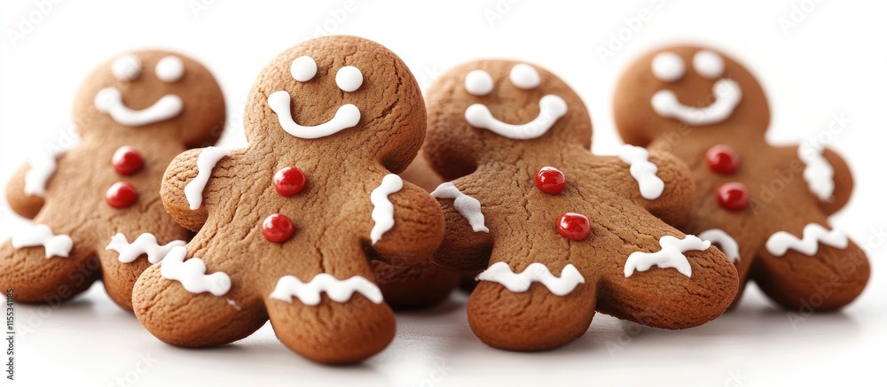 Smiling gingerbread men decorated with icing and candy displayed on a white background for holiday baking and festive celebrations. Smiling gingerbread men decorated with icing and candy displayed on a white background for holiday baking and festive celebrations.