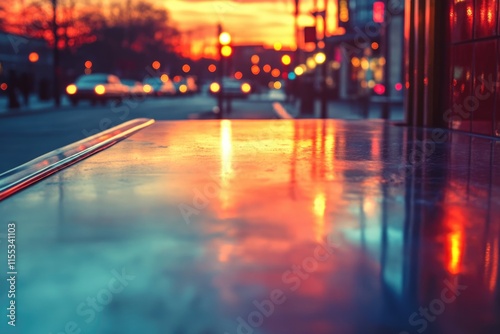 City street at sunset  reflected on a smooth surface  creating a vibrant  colorful image.