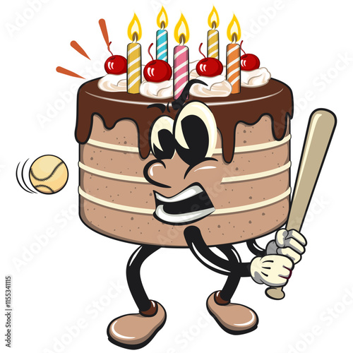 cute birthday chocolate cake cartoon character mascot playing baseball ready to hit the ball with the bat, work of hand drawn