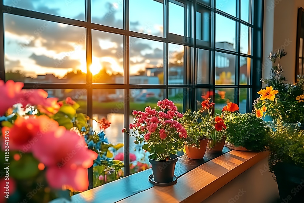 Sunset view through window with potted flowers. Sunset view through window with potted flowers.