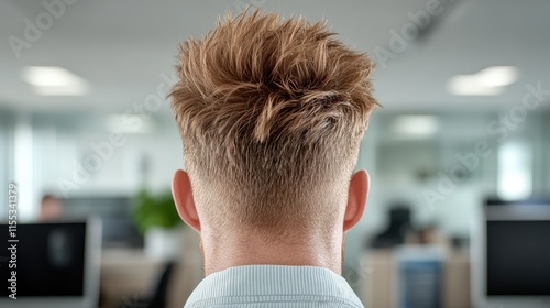 This image shows the back view of a man with a modern, textured short hairstyle in an office setting, featuring blurred background elements and professional lighting. photo