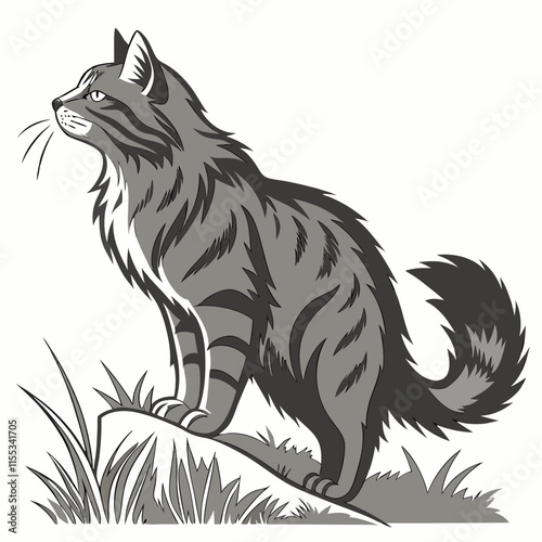 A captivating vector illustration of a Norwegian Forest Cat, poised and alert as it watches for prey, showcasing the beauty of this majestic feline in a natural setting.