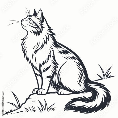 A captivating vector illustration of a Norwegian Forest Cat, poised and alert as it watches for prey, showcasing the beauty of this majestic feline in a natural setting.