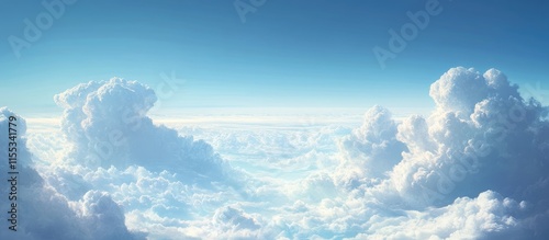 Aerial view of a clear blue sky with fluffy white clouds seen through an aircraft window atmosphere travel and nature backdrop
