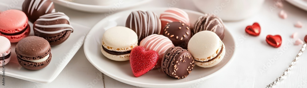 Valentine's dessert showcase featuring macarons and chocolates intimate setting food photography romantic mood close-up view