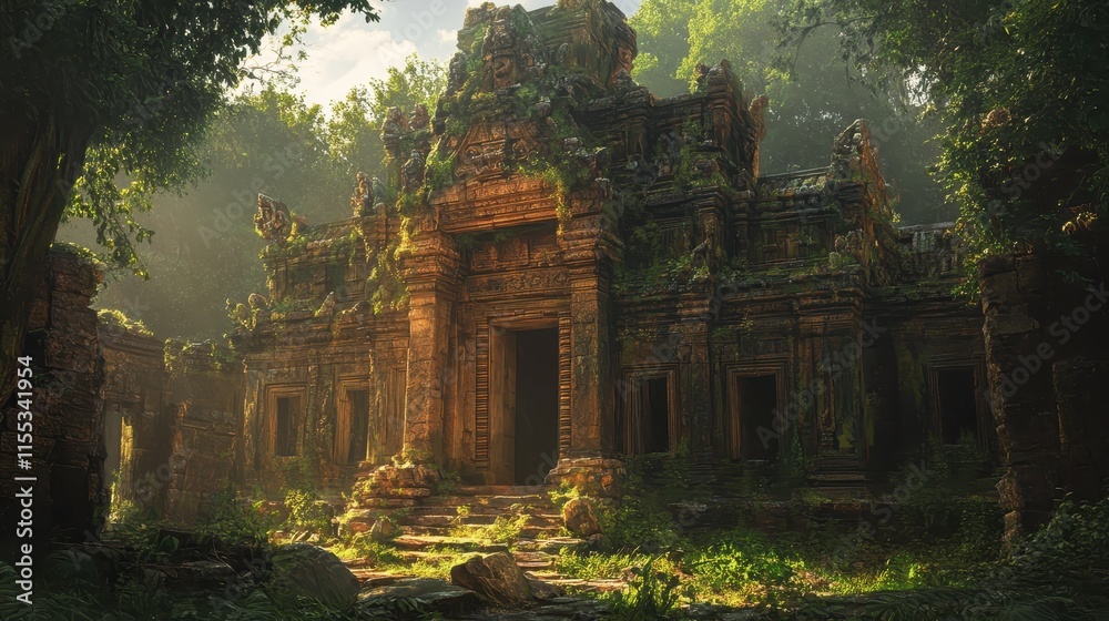Ancient Stone Temple Overgrown with Lush Vegetation in a Tropical Forest Ancient Stone Temple Overgrown with Lush Vegetation in a Tropical Forest